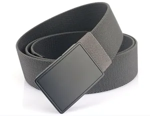 Close-up of grey tactical nylon belt featuring a matte black flat buckle and twill texture