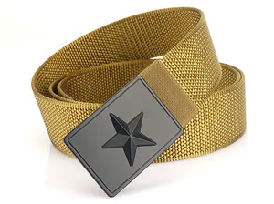 Detail of military nylon tactical belt with matte black metal buckle and star relief