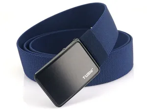 Detailed macro of a navy nylon canvas belt with a black brushed metal slide buckle