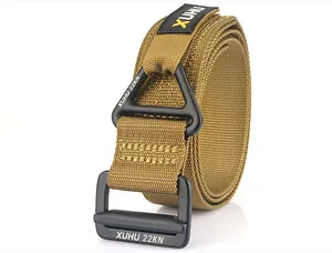 Detail view of khaki nylon tactical belt with heavy-duty metal buckle and 22KN logo