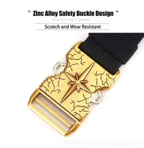 Close-up of zinc alloy tactical belt buckle with golden star design and quick release