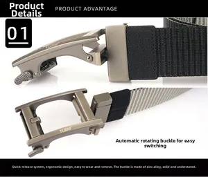 Detail of zinc alloy automatic rotating buckle with brushed metal texture and quick release