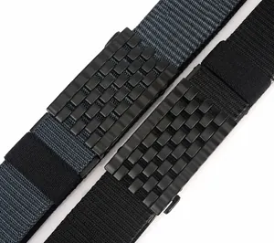 Detail of heavy-duty nylon tactical belt straps with metal decorative block inserts