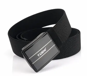 Close-up of TUSHI black woven nylon belt with matte metal buckle and golden lines