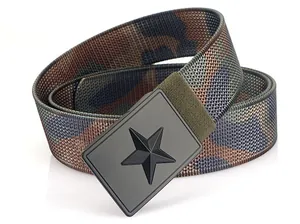 Detail shot of camouflaged tactical belt with star-embossed black metal buckle
