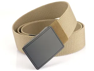 Close-up of khaki nylon woven strap and matte black buckle on tactical elastic belt