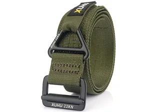 Detail of military green tactical nylon belt with 22KN strength matte metal buckle