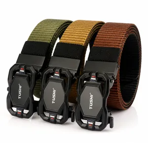 Close-up of three nylon belts with alloy rotating buckles in green, khaki and brown