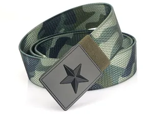 Detail of 3.8cm camo canvas belt with black metal buckle and embossed star design