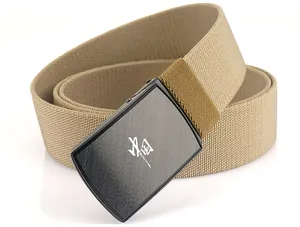 Close-up of khaki woven belt with dark grey metal buckle and China text engraving