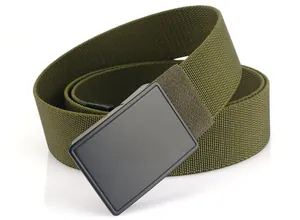 Detailed view of army green nylon tactical belt with matte black buckle for outdoor sports