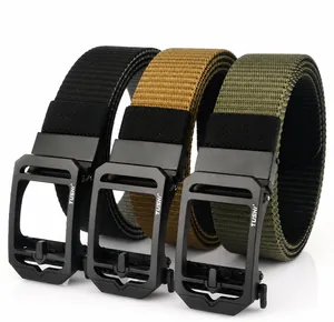 Detailed view of heavy-duty nylon canvas belts in black, sand, and olive with matte metal buckle