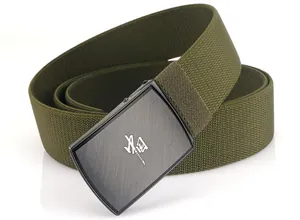 Detailed macro of olive green canvas tactical belt with brushed metal buckle and China script