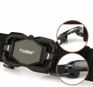 Detail of rotating automatic buckle with matte finish on thick nylon tactical belt