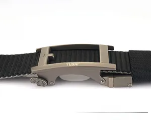 Detailed macro view of gray metal automatic buckle with nylon woven strap texture