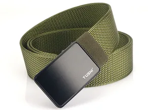 Detail of army green nylon tactical belt with a matte black metal buckle and TUSHI logo