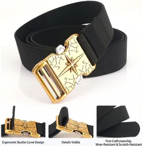 Tactical canvas belt detail with golden quick-release buckle and star relief