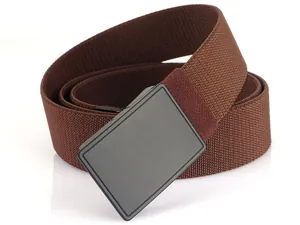 Detailed macro view of deep brown woven nylon tactical belt with matte black metal buckle