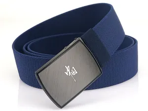 Detailed macro of dark blue elastic woven belt with black metallic Chinese script buckle