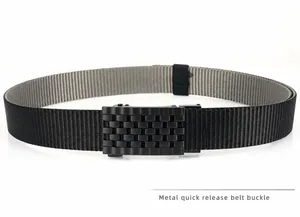 Detail of grey nylon tactical belt with black textured metal automatic buckle
