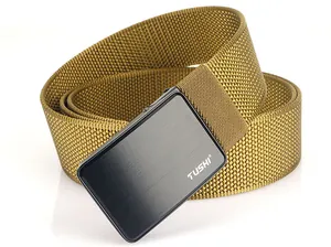 Close-up of wolf brown nylon belt with black metal automatic buckle and TUSHI logo
