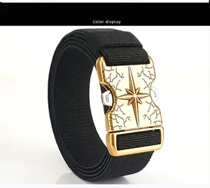 Detail of a tactical canvas belt featuring a gold metal buckle with star pattern and quick release