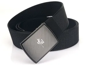 Detail of black woven canvas belt with brushed metal buckle featuring Chinese lettering