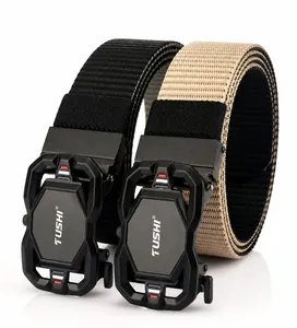 Detail of dual-sided nylon outdoor belt with automatic buckle in black and khaki