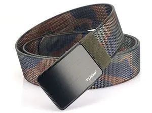 Macro shot of the durable camouflage woven nylon strap and matte black metal buckle