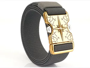 Close-up of quick-release metal buckle with star relief on gray canvas belt