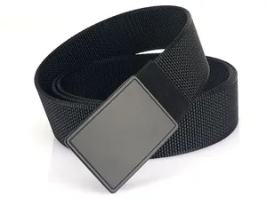 Detail view of the black matte buckle and heavy-duty nylon webbing on the tactical belt