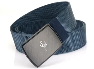 Detail of navy woven canvas belt with grey metal buckle featuring Chinese characters