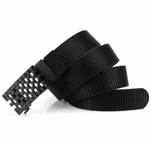 Close-up of thick nylon tactical belt with matte black hollow metal buckle detail