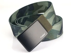 Detail of TUSHI nylon tactical belt featuring green camouflage pattern and metal buckle