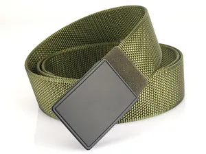 Detail of army green nylon tactical belt with a matte black metal quick-release buckle