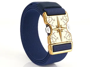 Detail of the golden quick-release buckle with star pattern on a navy canvas belt