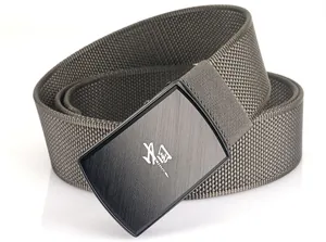 Detail of grey canvas military belt with brushed metal buckle and Chinese text