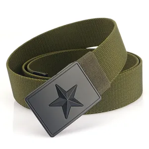 Army green tactical canvas belt with a black frosted metal star buckle on white background