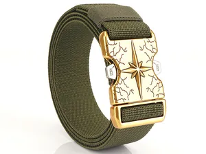Close-up of army green tactical belt with vintage gold quick-release buckle detailing