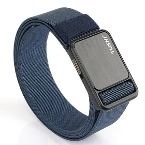 Elastic stretch woven belt for men with black brushed metal buckle and navy nylon fabric