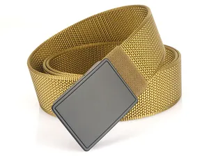 Close-up of khaki nylon tactical belt featuring a matte black flat buckle and twill texture
