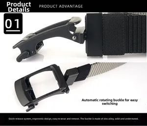 Detail of zinc alloy rotating buckle on a nylon tactical belt with woven strap textures