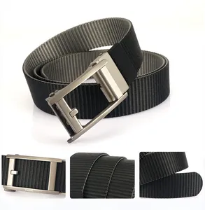 Detail view of durable nylon belt webbing and matte automatic metal buckle with TUSHI logo