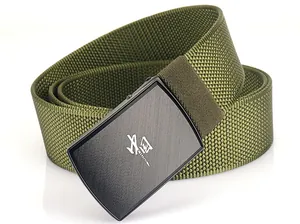 Detail of army green canvas belt featuring black metal buckle with white Chinese script