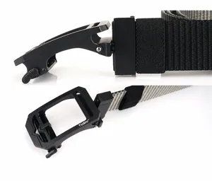 Detail of military tactical nylon belt featuring quick-release zinc alloy rotary buckle