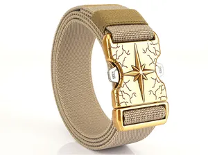 Close-up of khaki canvas belt with quick-release metal buckle and star engraving
