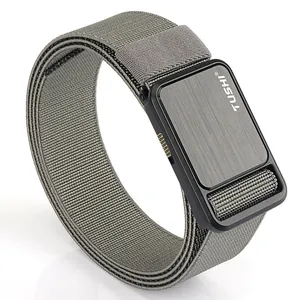 Men's stretch nylon tactical belt in dark grey with brushed metal buckle and woven strap