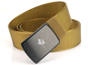 Detail of canvas belt showing olive green weave and black metal buckle with Chinese script