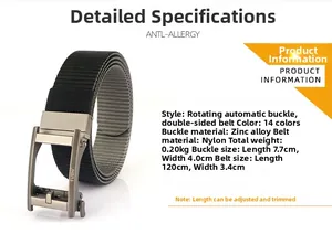 Detail of nylon belt showing dimensions 120x3.4cm and gunmetal zinc alloy auto buckle