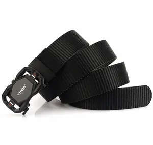 Detailed macro view of the thick nylon strap and automatic alloy buckle with branding